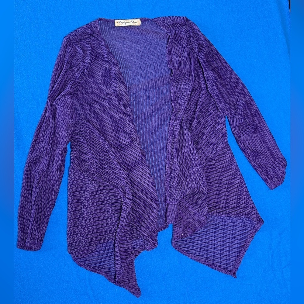 Aqua Blues Purple Asymmetrical Mesh Swimsuit Cover Up Cardigan One Size L/S